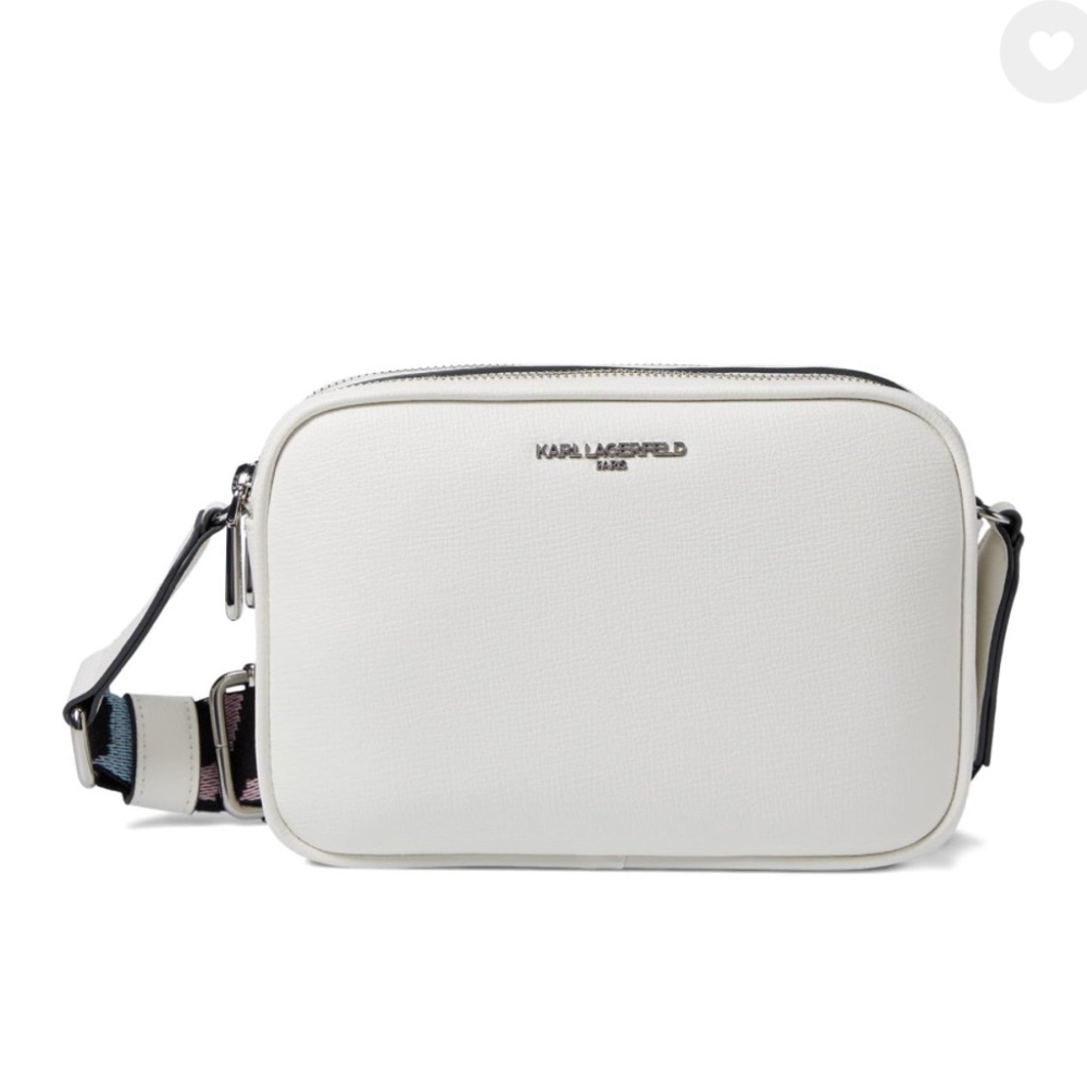 Karl Lagerfeld Paris Maybelle Camera Crossbody Bag Purse White Silver Double Zip